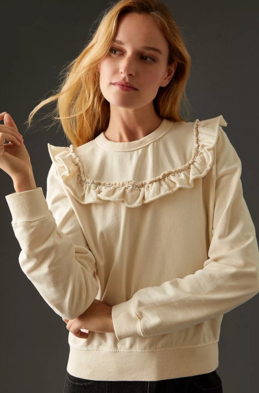 Clare V Charlotte Ruffle Sweatshirt Cream Cotton
